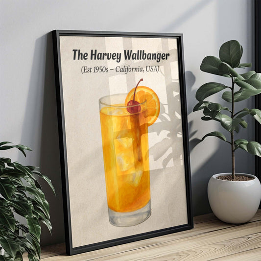 Harvey Wallbanger Cocktail Artwork, Orange Drink Art, 70s Cocktail Print, Galliano Poster, Tall Drink Wall Art, Retro Mixology Poster