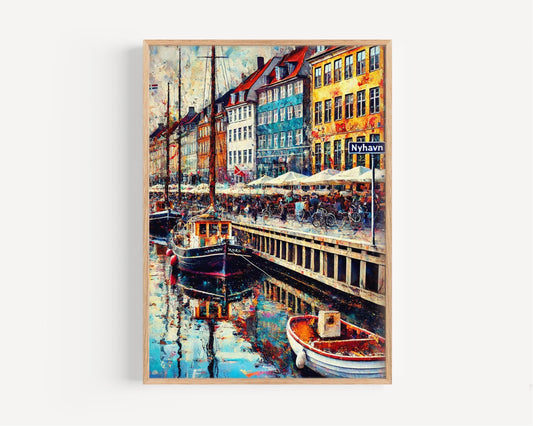 Nyhavn Wall Art Print - Copenhagen Travel Poster, Denmark Gift & Housewarming Decor, Colorful Nyhavn Harbor Illustration, Scandinavian Art