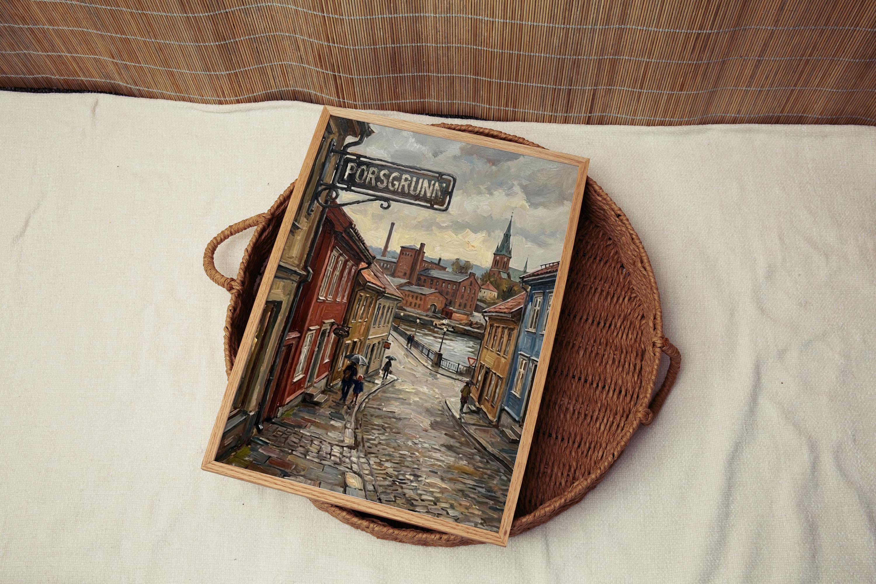Porsgrunn Oil Painting Art Print: Norway Riverside Street Sign Travel Poster
