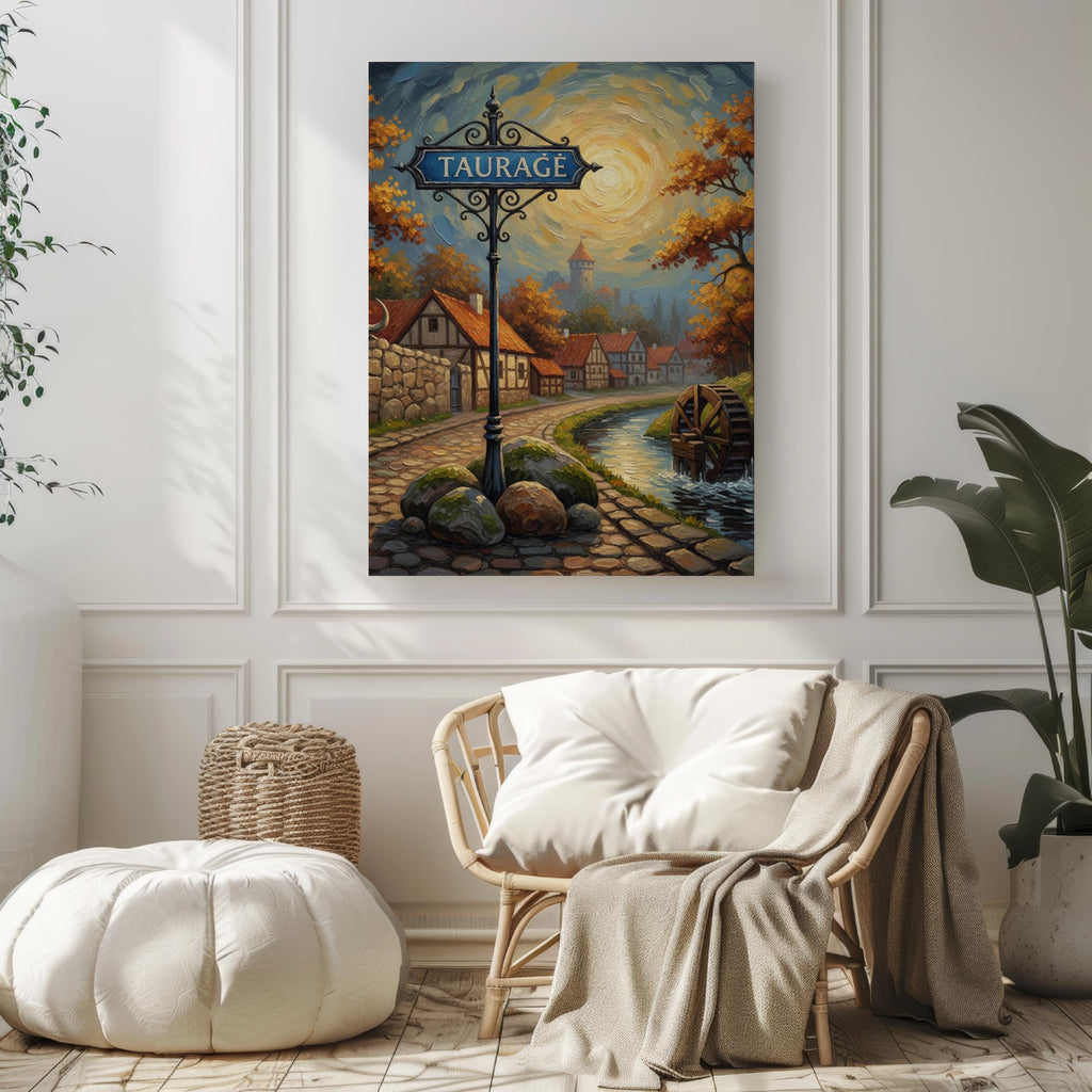 Tauragė Street Sign Art Print: Lithuania Riverside Town Travel Poster