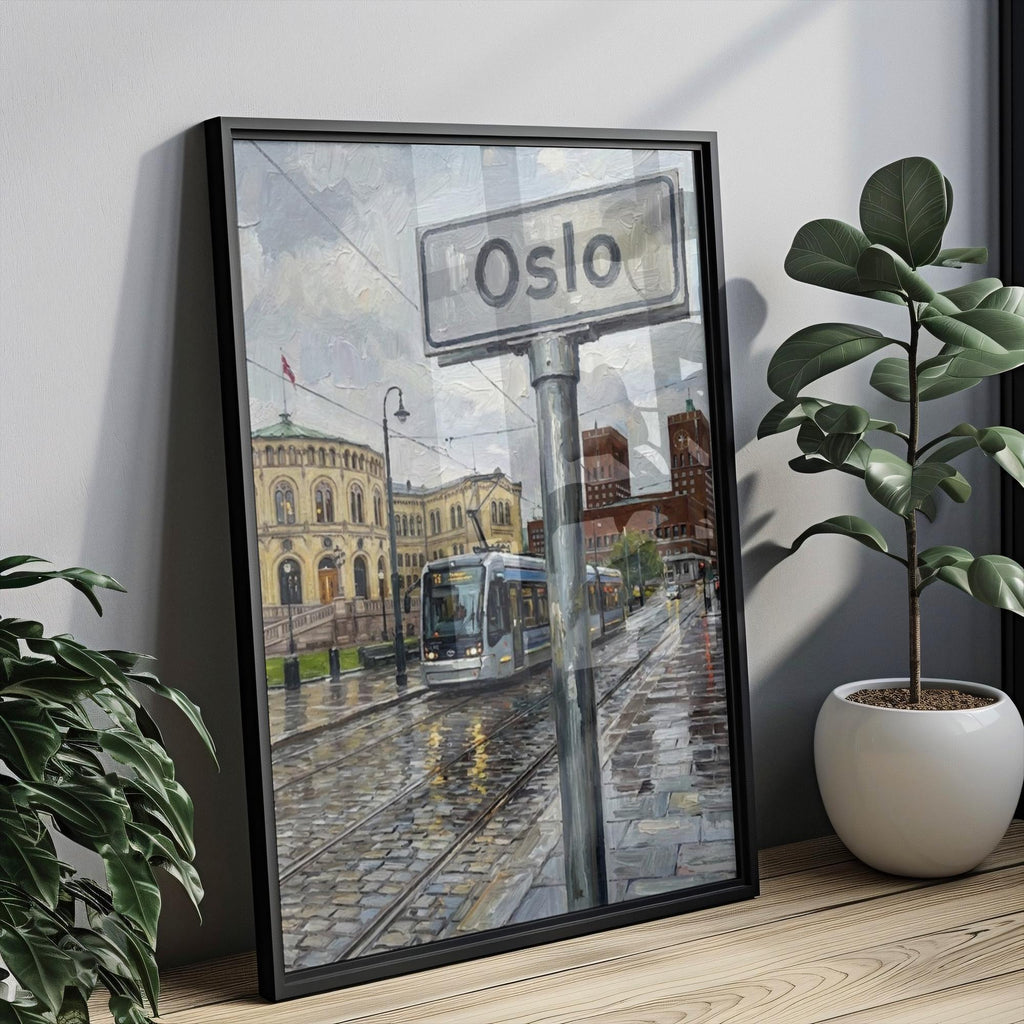 Oslo Oil Painting Art Print: Norway City Street Sign Travel Poster