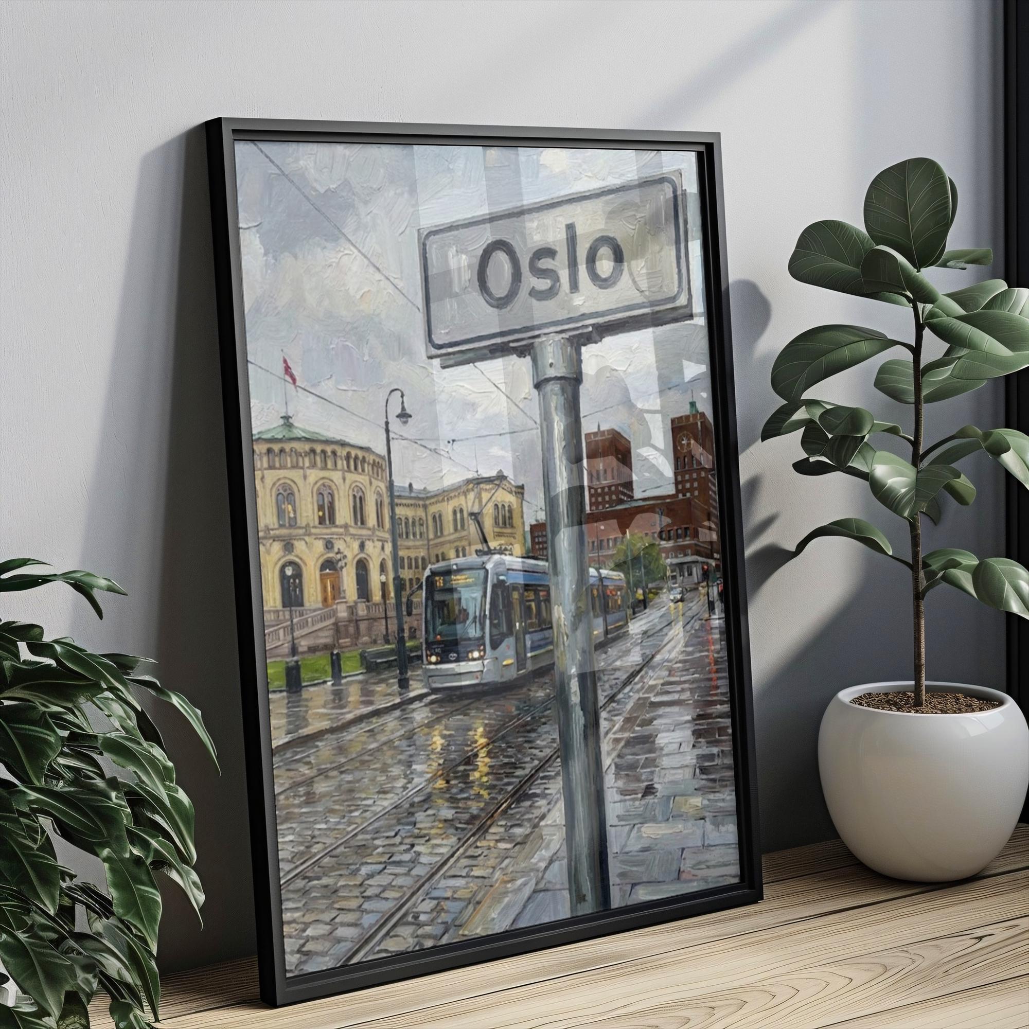 Oslo Oil Painting Art Print: Norway City Street Sign Travel Poster