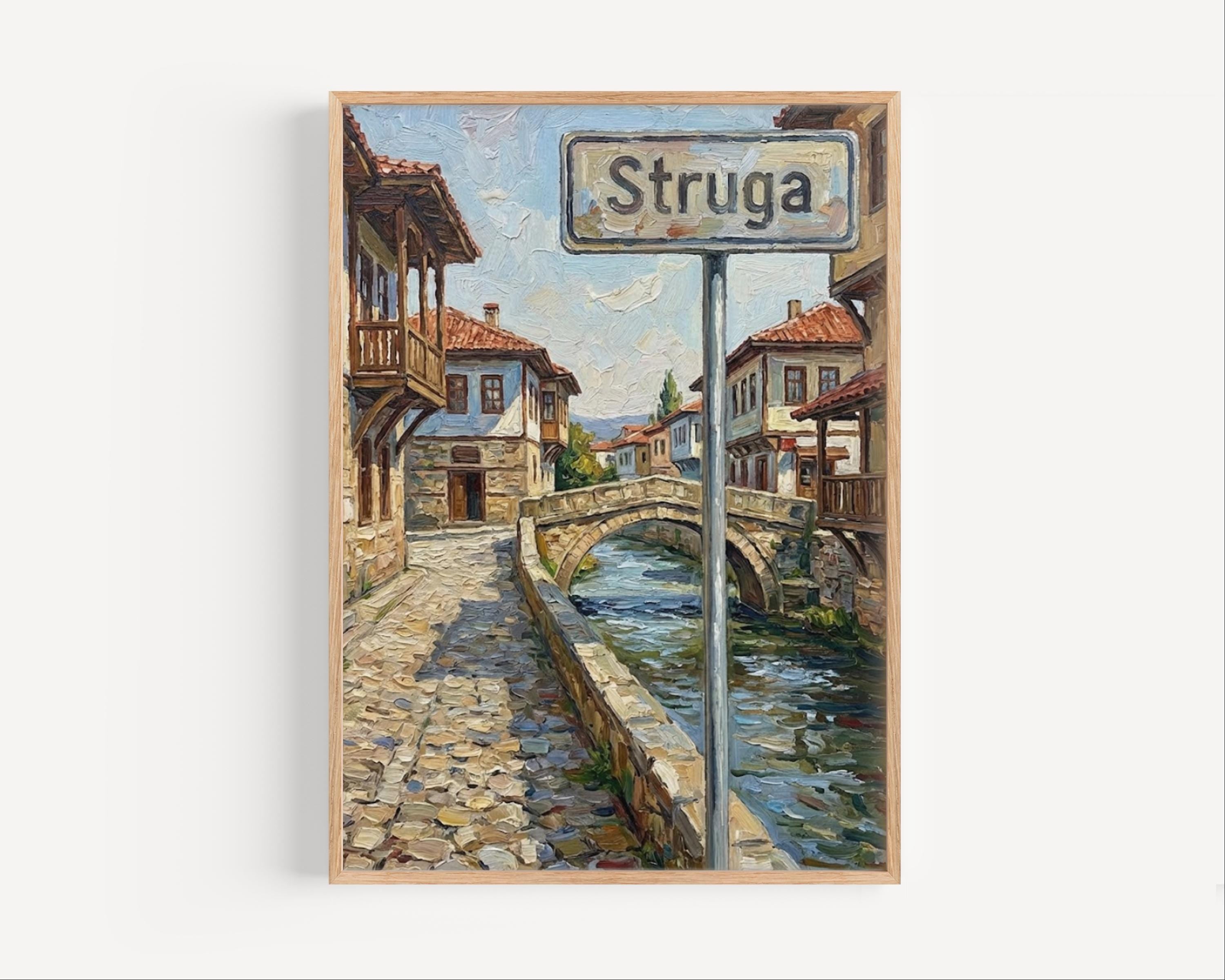 Struga Oil Painting Art Print: North Macedonia Street Sign Travel Poster