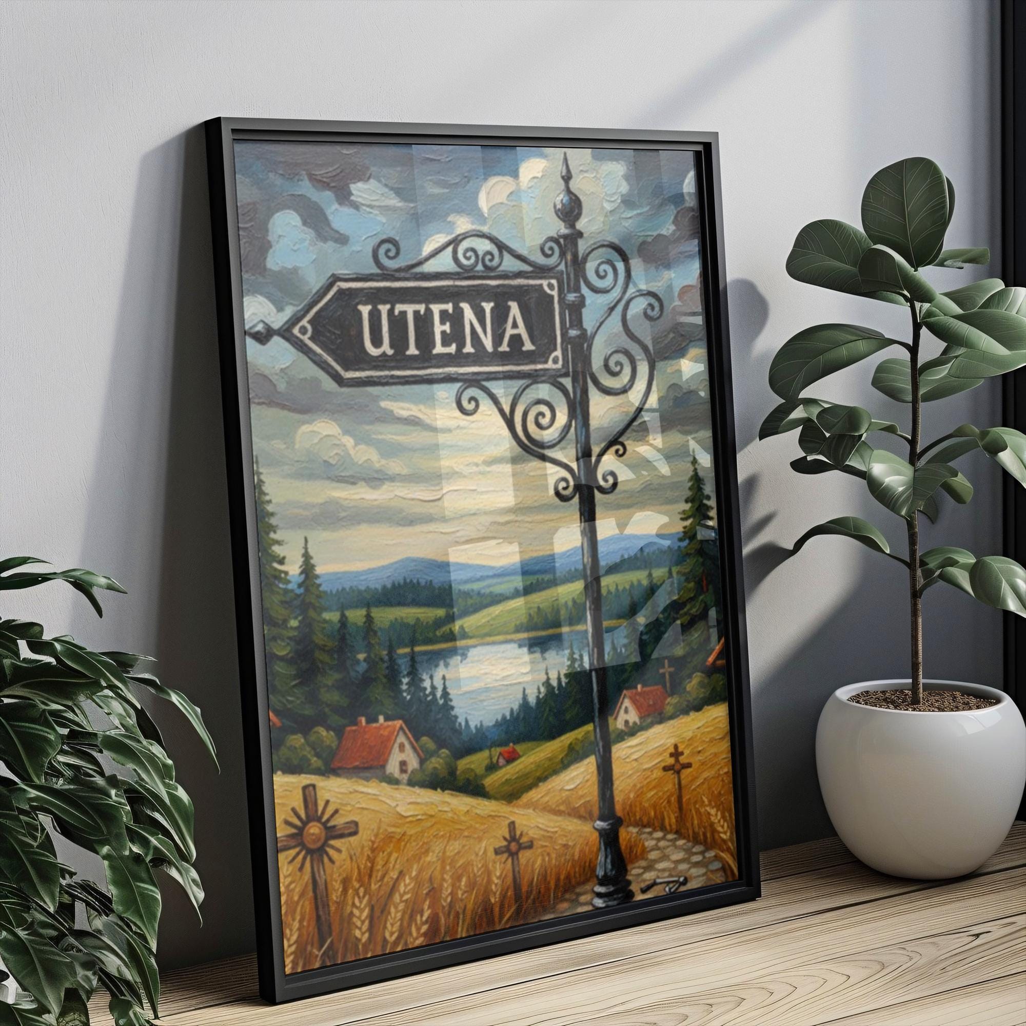 Utena Street Sign Art Print: Lithuania Lake District Travel Poster