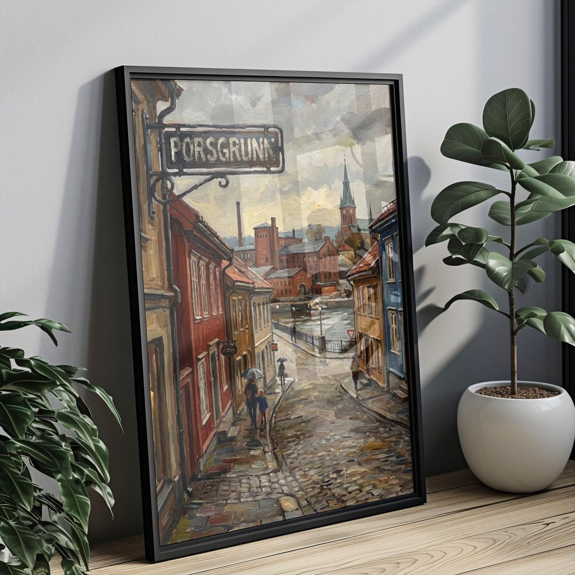 Porsgrunn Oil Painting Art Print: Norway Riverside Street Sign Travel Poster