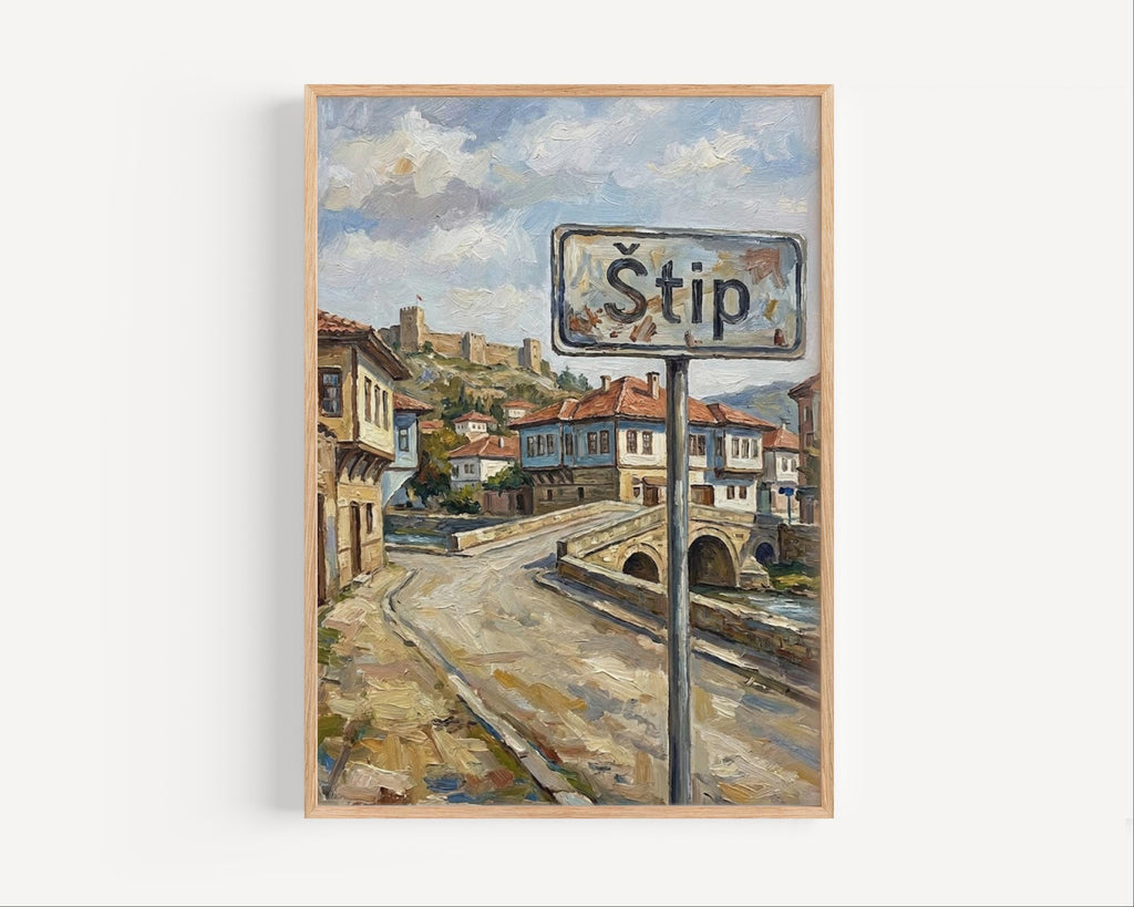Stip Oil Painting Art Print: North Macedonia Street Sign Travel Poster