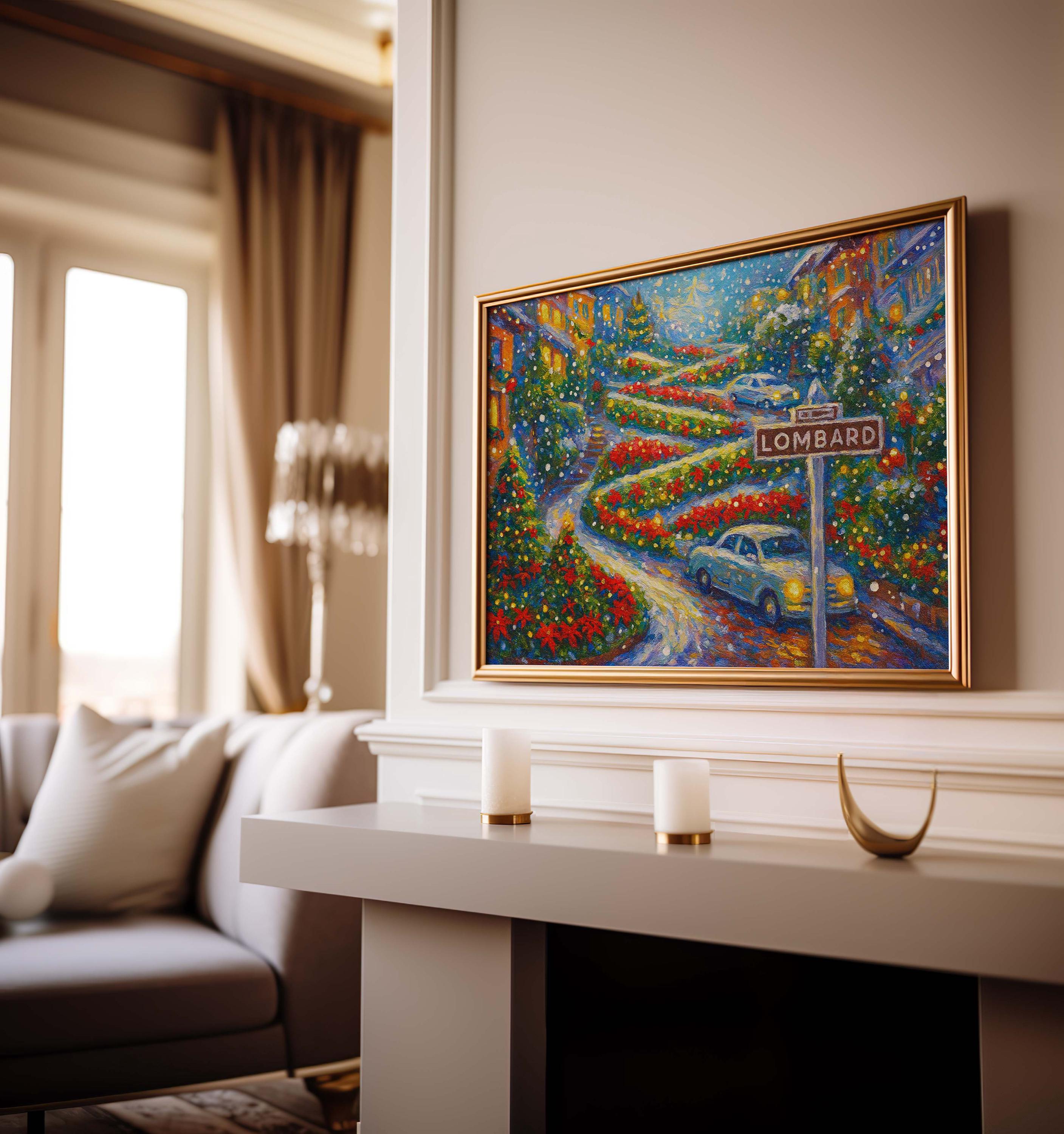Lombard Street Christmas Art Print – San Francisco Holiday Decor, Curvy Street in Winter