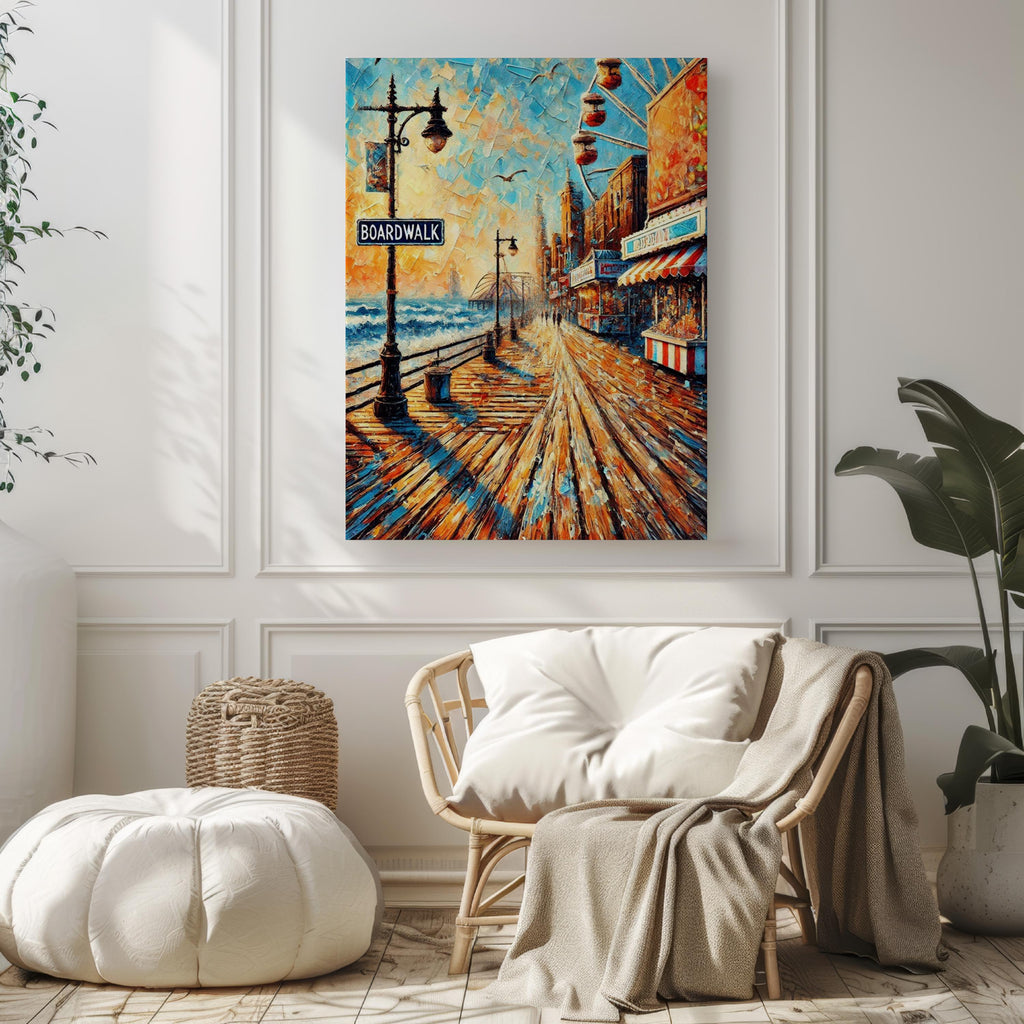 Boardwalk Oil Painting Art Print: Atlantic City Seaside Promenade Travel Poster