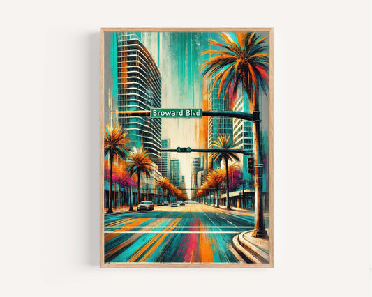 Broward Boulevard Wall Art Print - Fort Lauderdale Travel Poster, Florida Art by Laudy Art, Housewarming Gift, Broward Blvd Decor