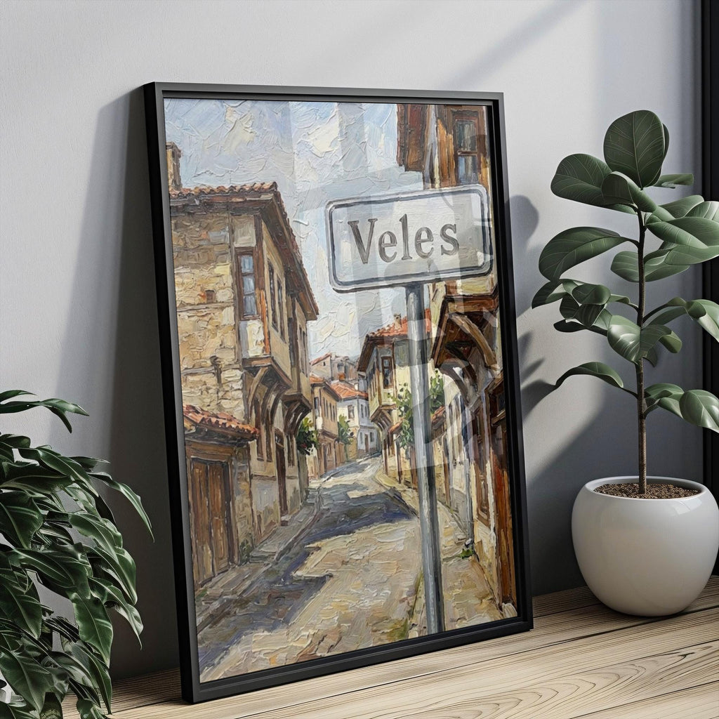 Veles Oil Painting Art Print: North Macedonia Street Sign Travel Poster