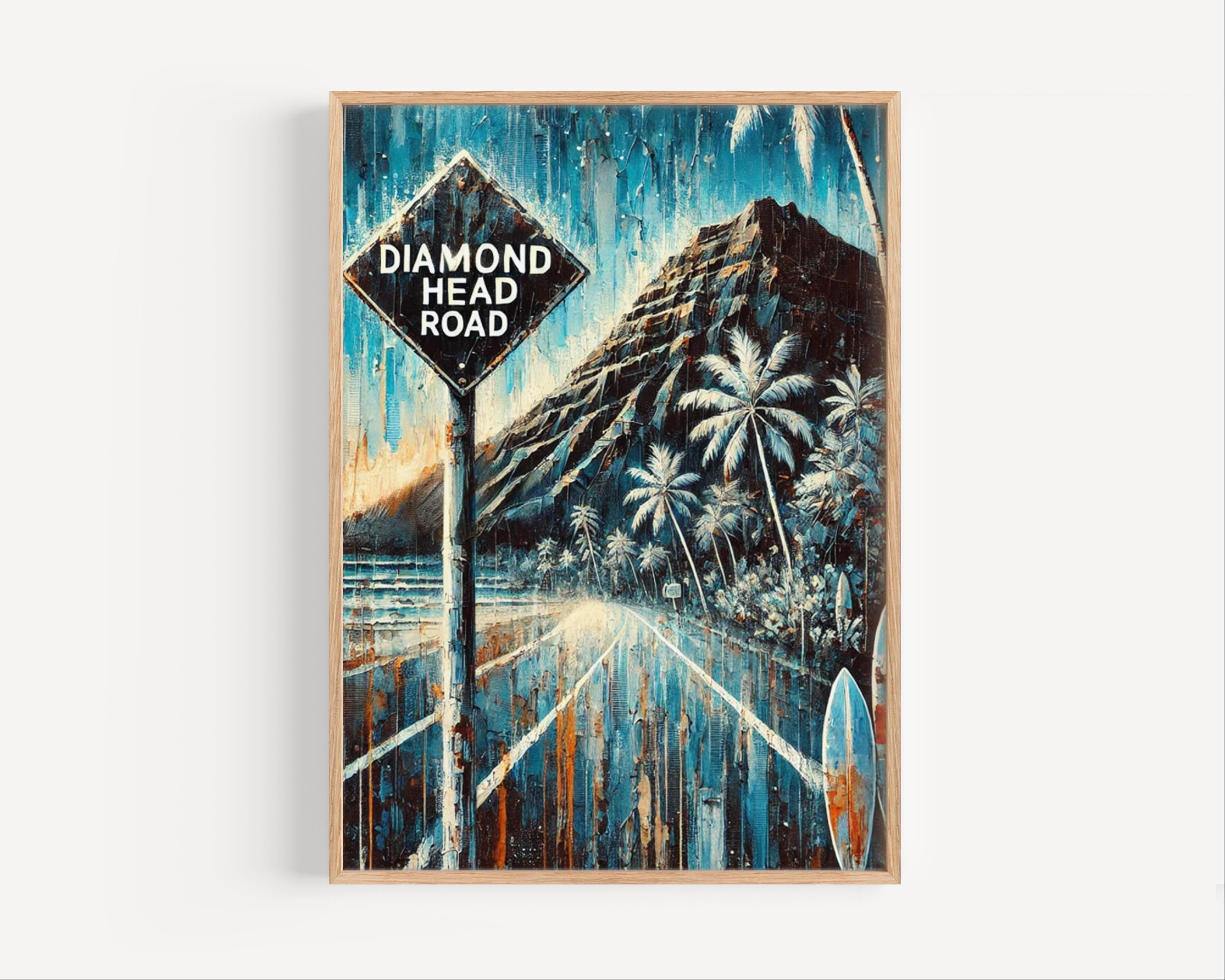 Diamond Head Road Oil Painting Art Print: Honolulu Hawaii Street Sign Travel Poster