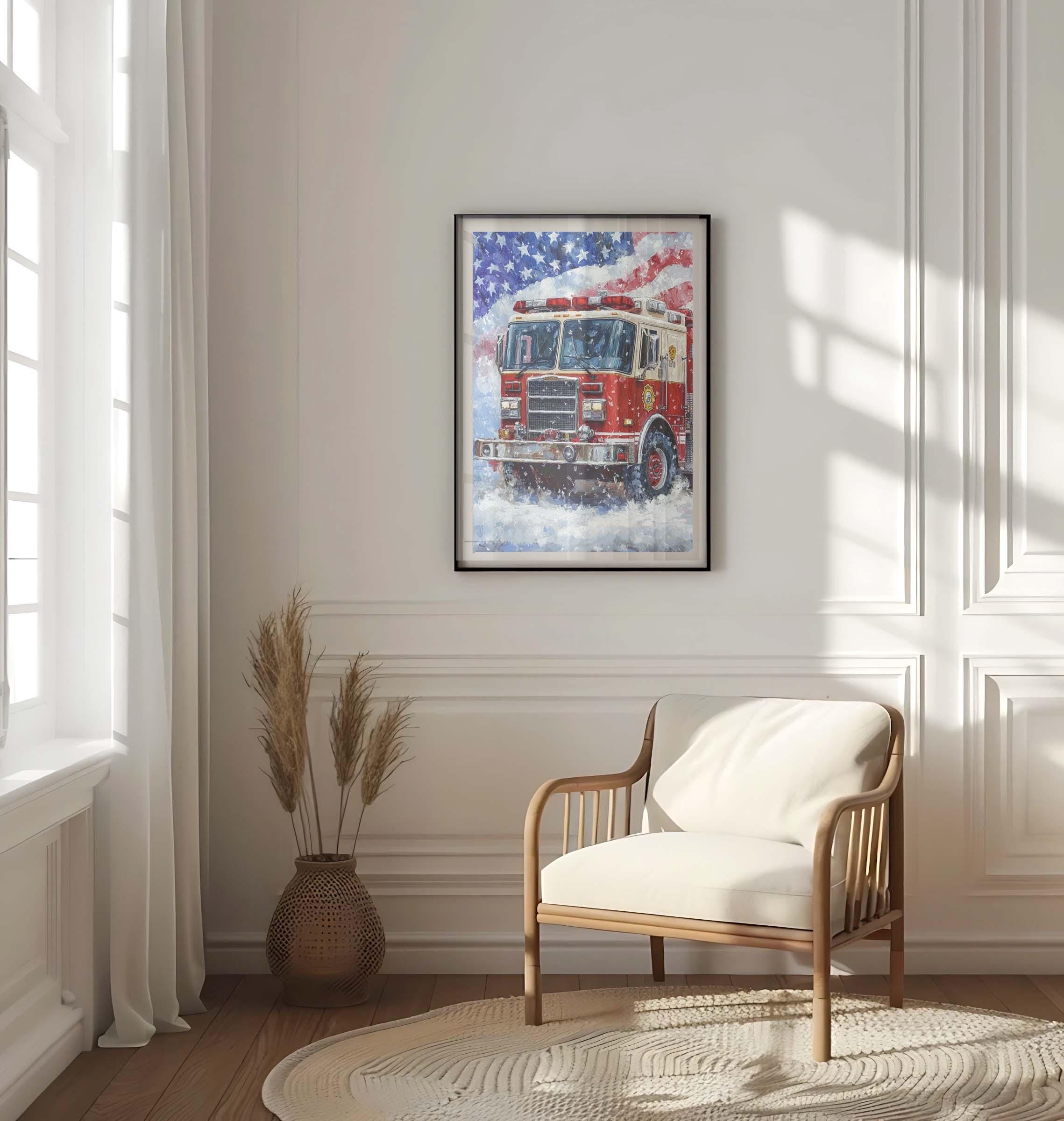 Red Firetruck Patriotic Poster - USA