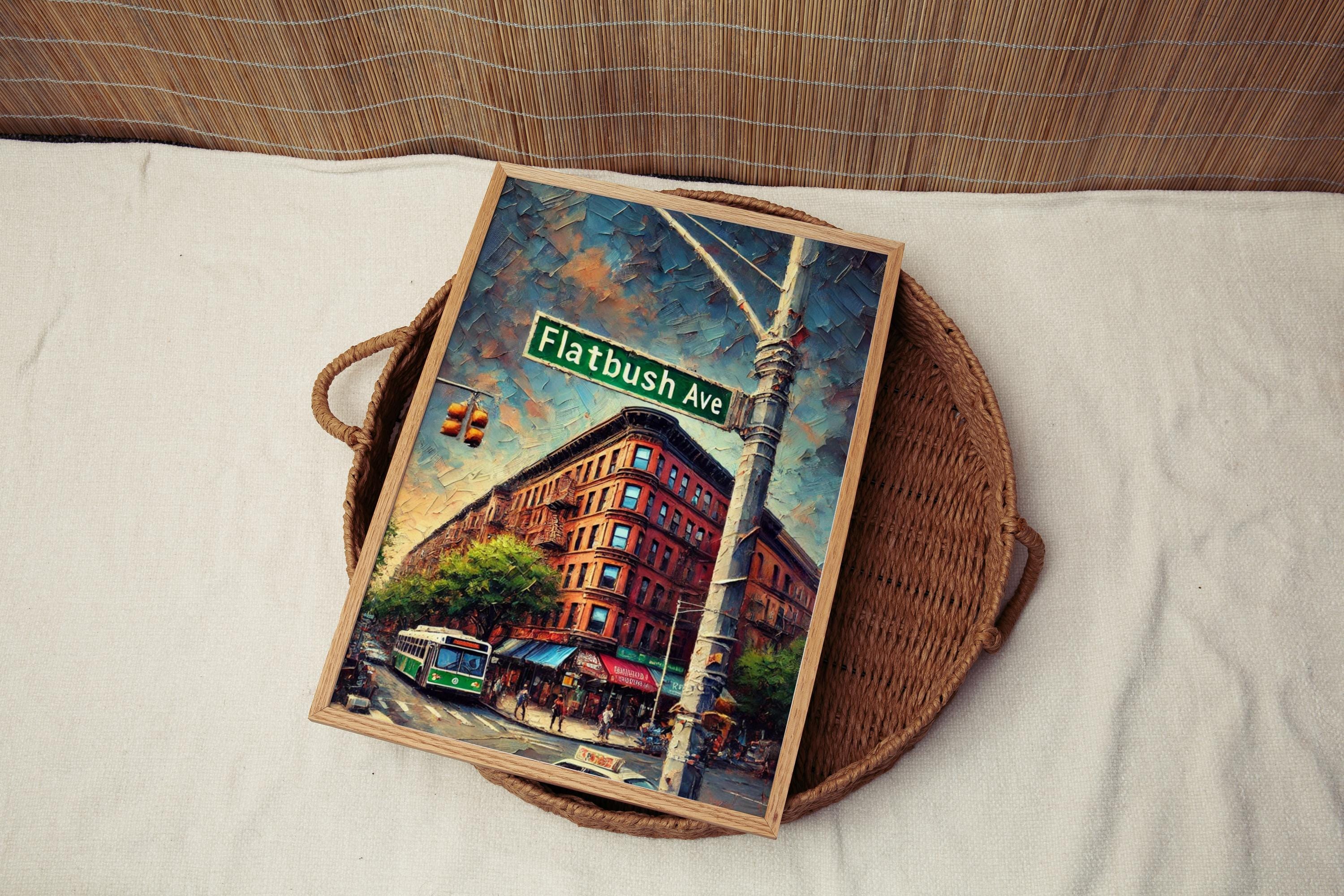 Flatbush Avenue Oil Painting Art Print: Brooklyn NYC Street Sign Travel Poster