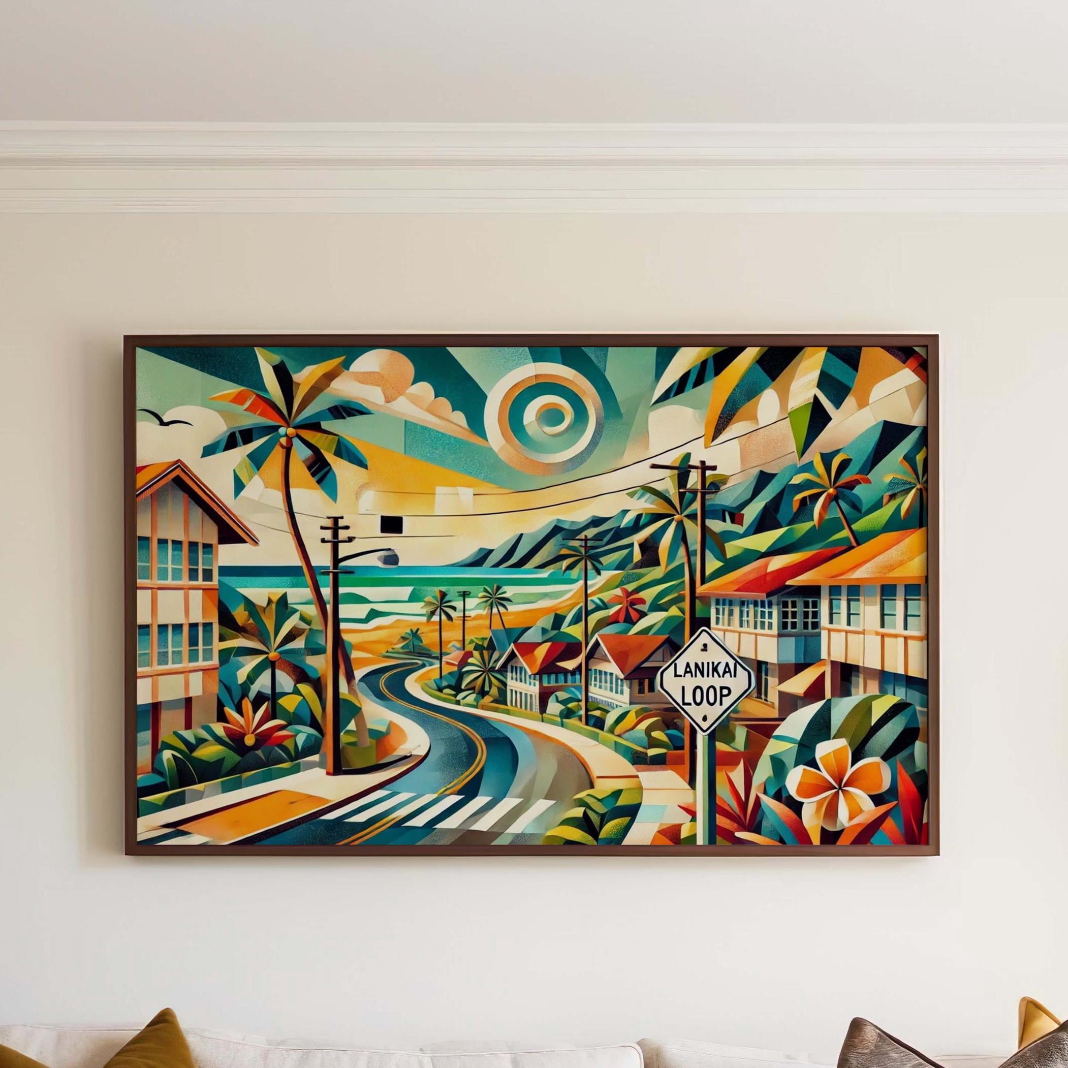 Lanikai Loop Wall Art Cubism Print – Oahu Hawaii Travel Poster, Housewarming & Hawaii Gift, Modern Travel Art Decor