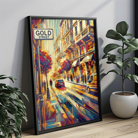 Greece Gold St Wall Art - Santorini Street Print Travel Poster, Greek Artwork & Housewarming Gift