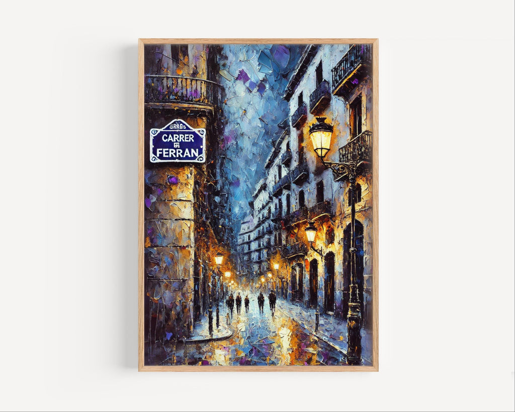 Carrer de Ferran Oil Painting Art Print: Barcelona Spain Street Sign Travel Poster