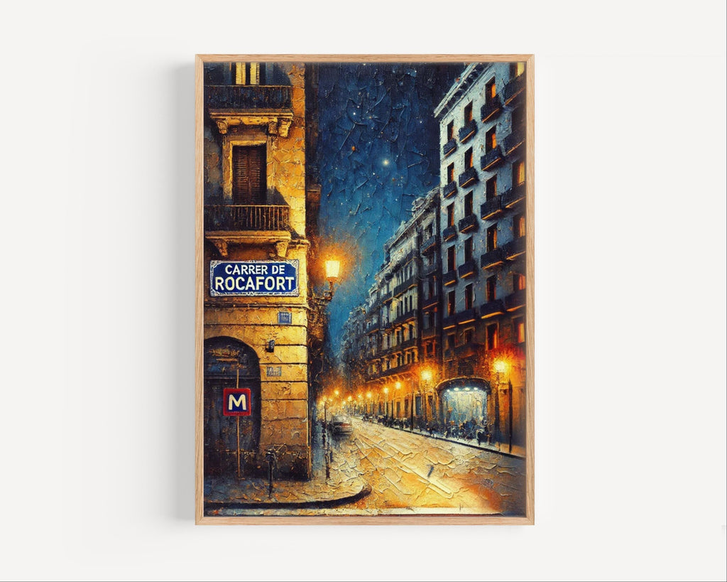 Carrer de Rocafort Oil Painting Art Print: Barcelona Spain Street Sign Travel Poster