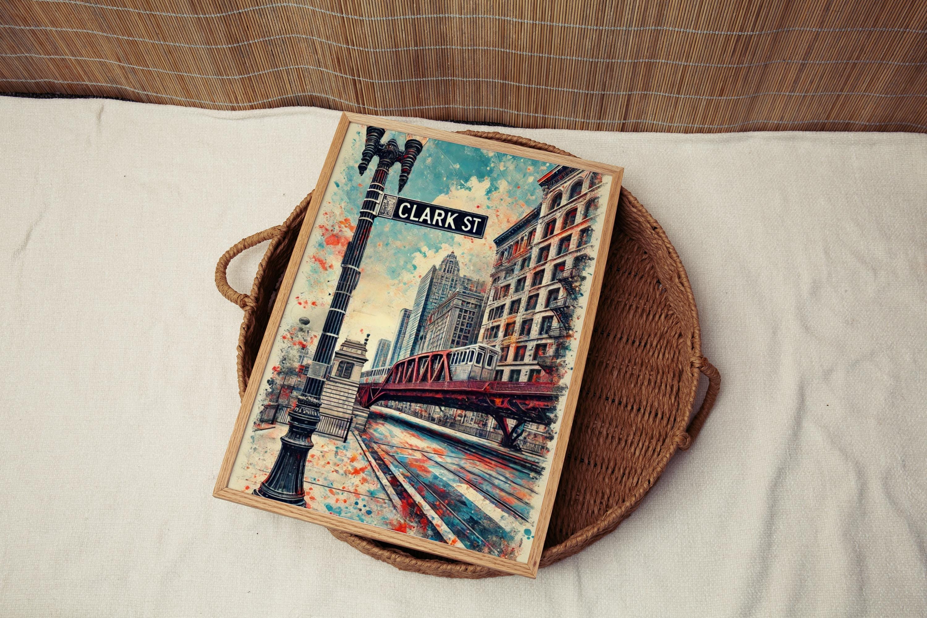 Chicago Clark Street Wall Art, Travel Print & Poster, Illinois Home Decor, Chicago Gift, Housewarming Artwork, Modern Cityscape Illustration