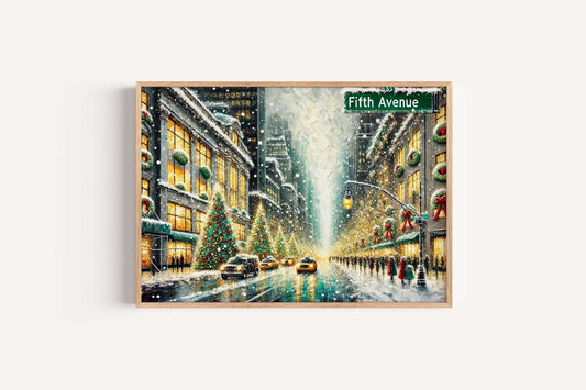 Fifth Avenue Christmas Art Print – NYC Holiday Scene, Winter City Street Decor
