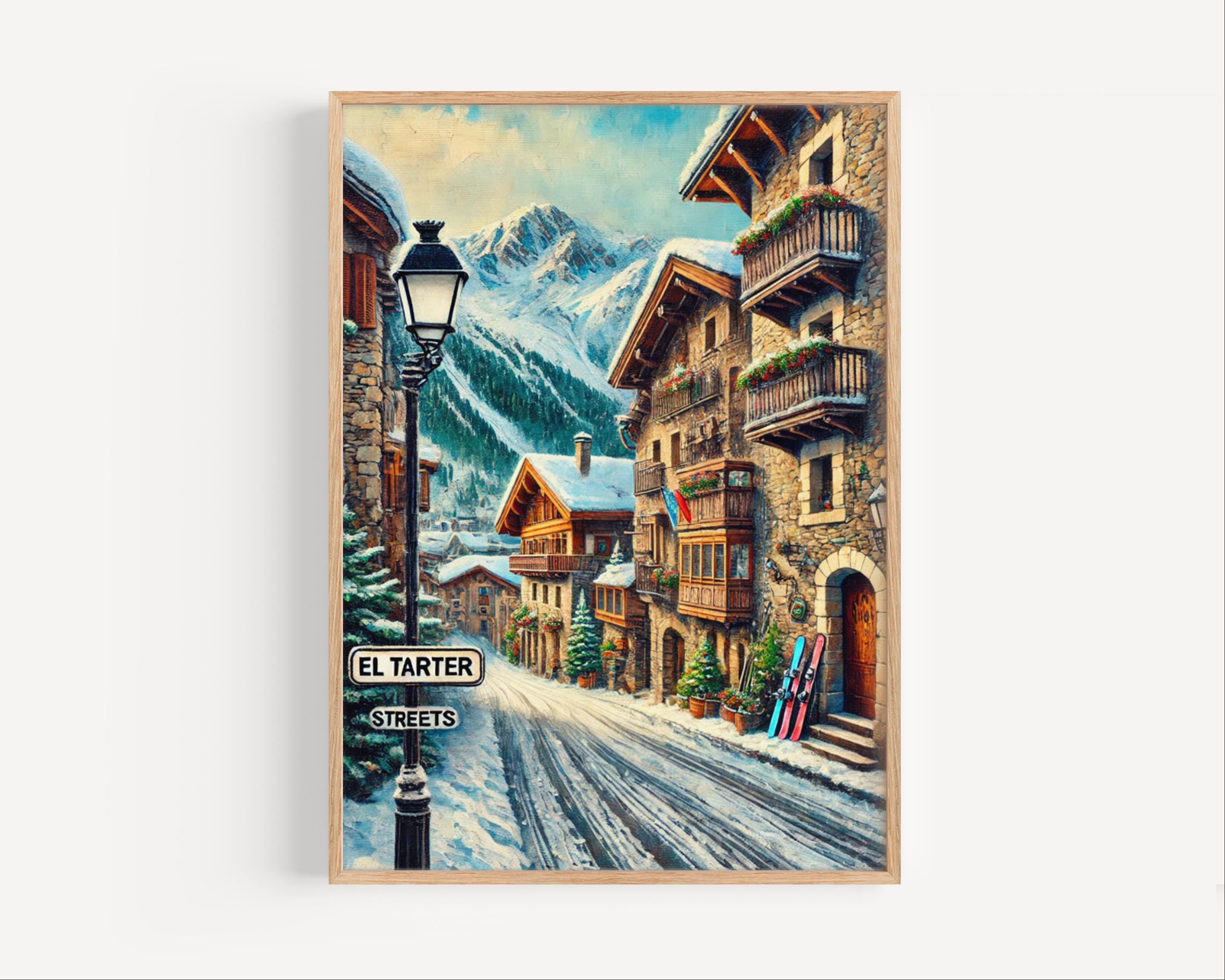 El Tarter Oil Painting Art Print: Andorra Mountain Street Sign Travel Poster