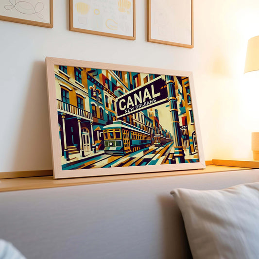 Cubism Print Canal St Wall Art, Louisiana Cubism Travel Poster, New Orleans Gift, Housewarming Decor, Modern Abstract Cityscape Artwork