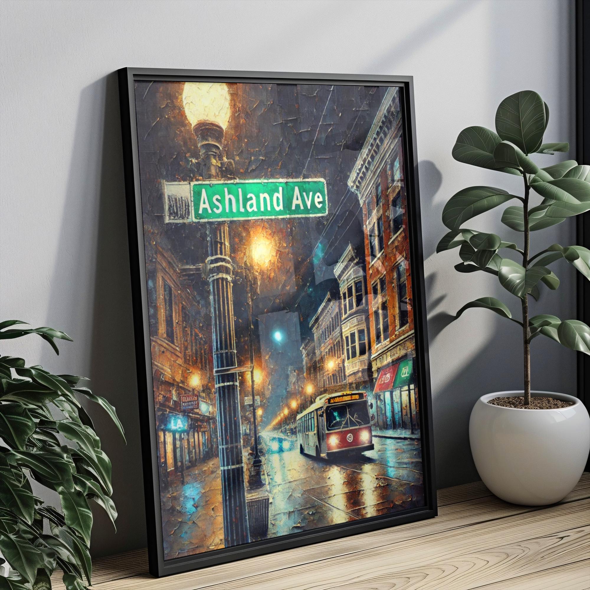 Ashland Ave Oil Painting Art Print: Chicago Street Sign Travel Poster