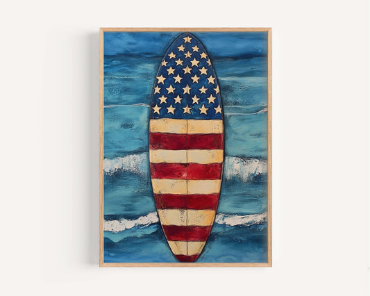 Surfing Artwork USA Wall Art Patriotic Beach House Home Decor Summer Poster United States Coastal Wall Decor
