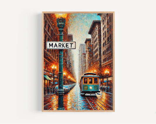 San Francisco Market Street Wall Art Print - Travel Poster & California Gift, Housewarming Decor, Vintage Cityscape Illustration