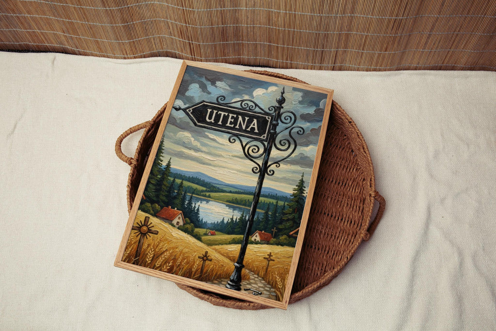 Utena Street Sign Art Print: Lithuania Lake District Travel Poster