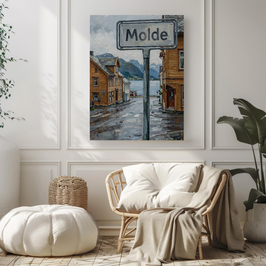 Molde Oil Painting Art Print: Norway Fjord Street Sign Travel Poster