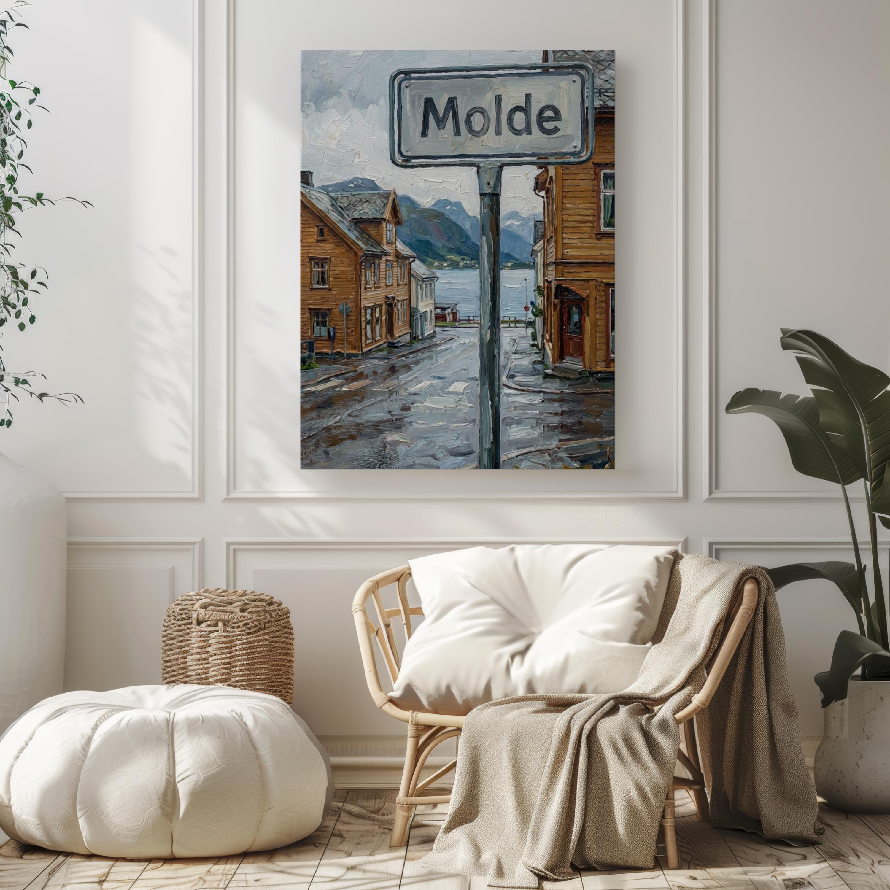 Molde Oil Painting Art Print: Norway Fjord Street Sign Travel Poster
