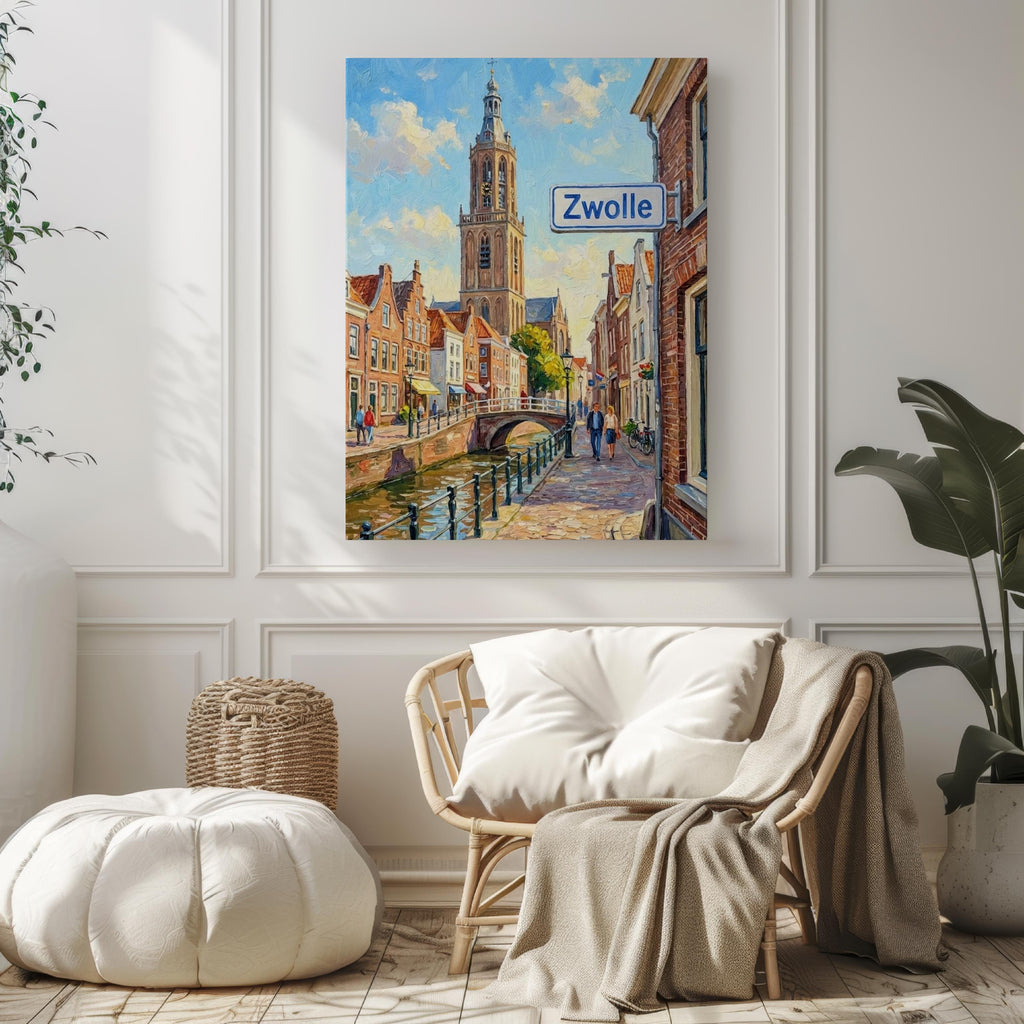 Zwolle Oil Painting Art Print: Netherlands Canal Street Sign Travel Poster