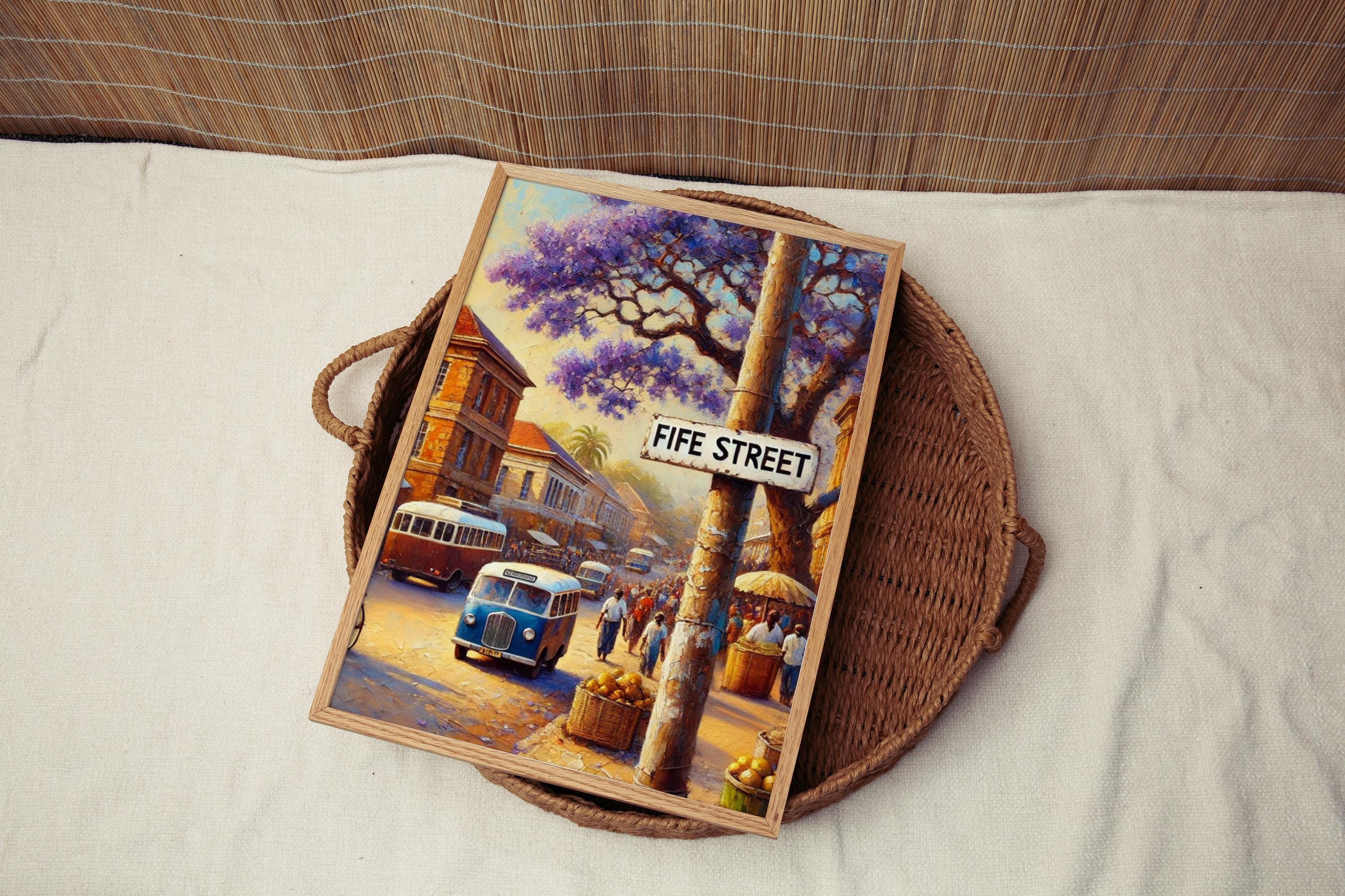 Fife Street Wall Art Print, Zimbabwe Street Scene, Bulawayo City Decor, Vintage Travel Poster, African Culture, Personalized Gift