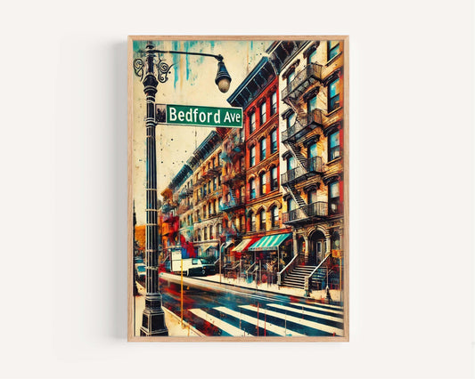 Bedford Ave Print - Brooklyn Wall Art, NYC Travel Poster, New York City Decor, Housewarming Gift, Brooklyn Gift, Modern Urban Art