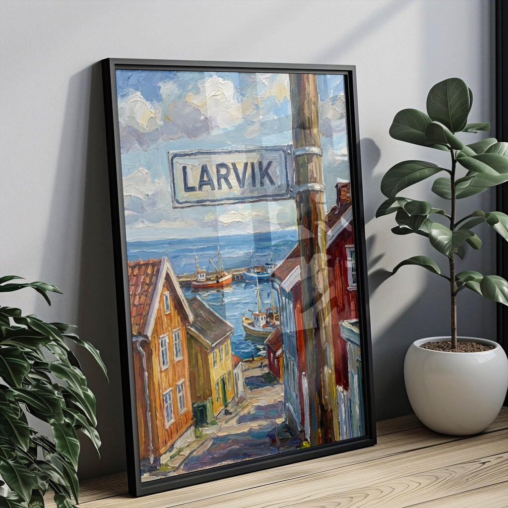 Larvik Oil Painting Art Print: Norway Coastal Street Sign Travel Poster