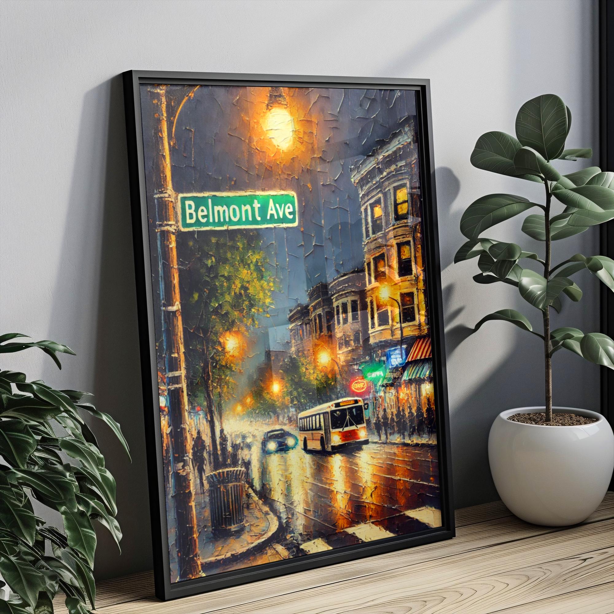 Belmont Ave Oil Painting Art Print: Chicago Street Sign Travel Poster