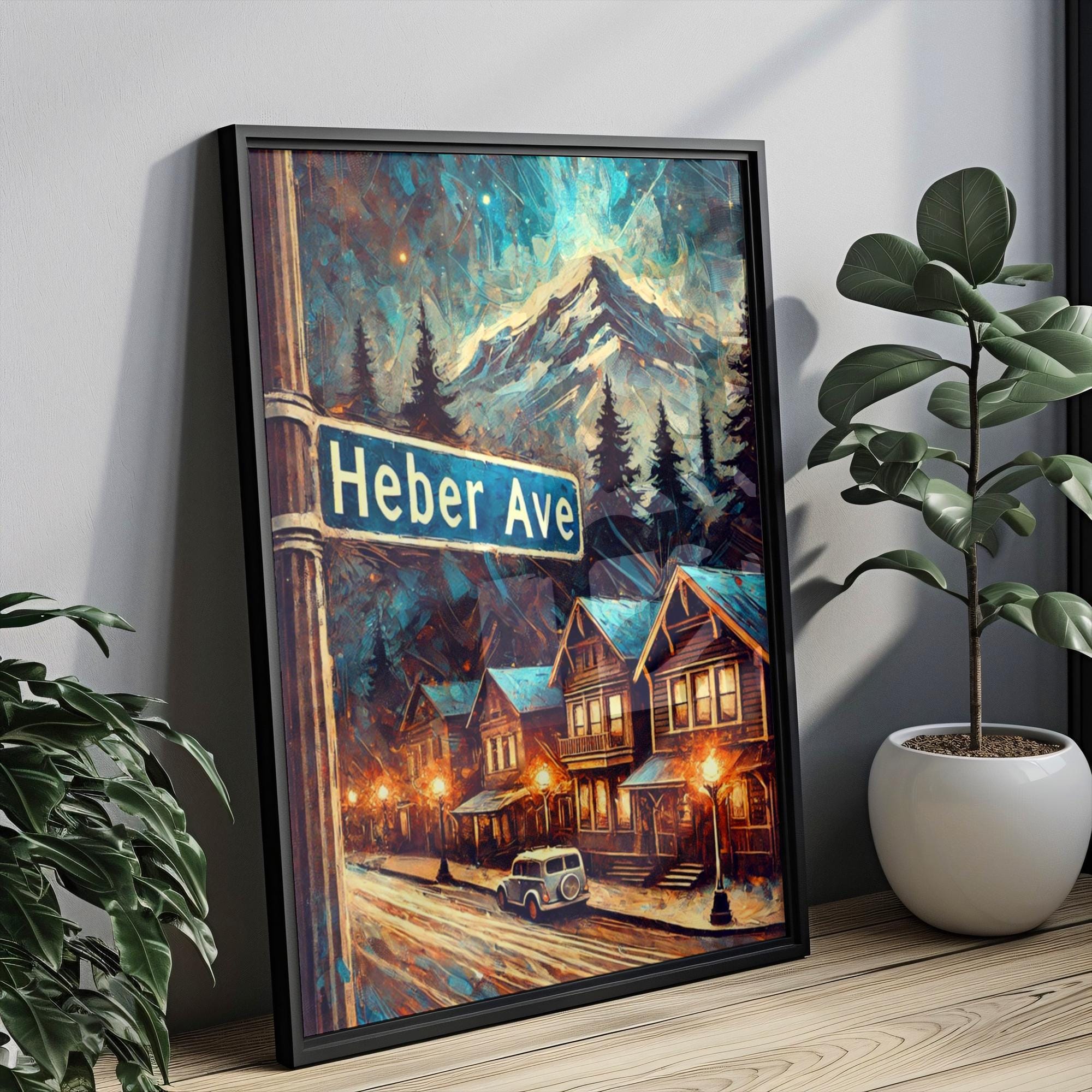 Heber Ave Oil Painting Art Print: Park City Utah Street Sign Travel Poster