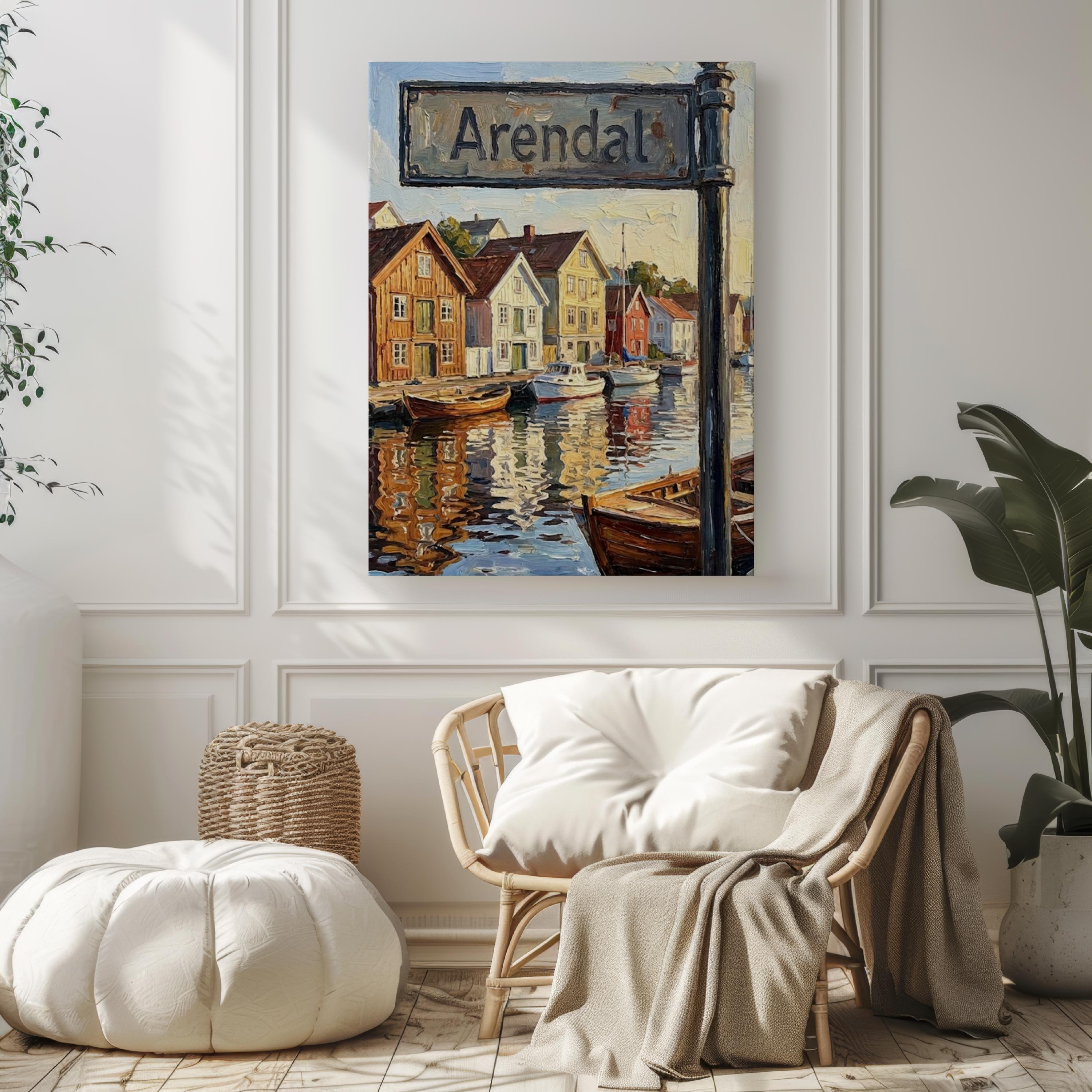 Arendal Oil Painting Art Print: Norway Coastal Street Sign Travel Poster