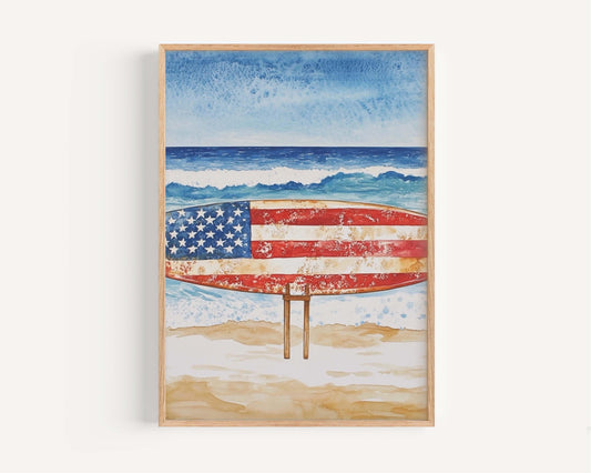 Surfing Artwork USA Wall Art Patriotic Beach House Decor Summer United States Poster Coastal Home Decoration