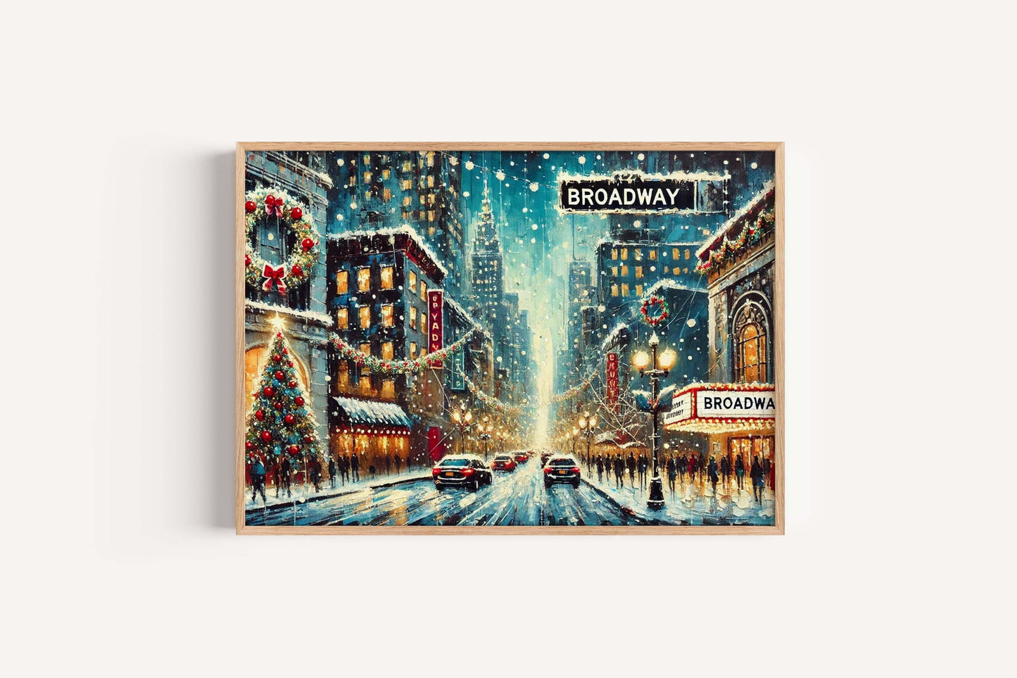 Broadway Christmas Street Scene Art Print – NYC Holiday Decor, Snowy Winter Wall Art