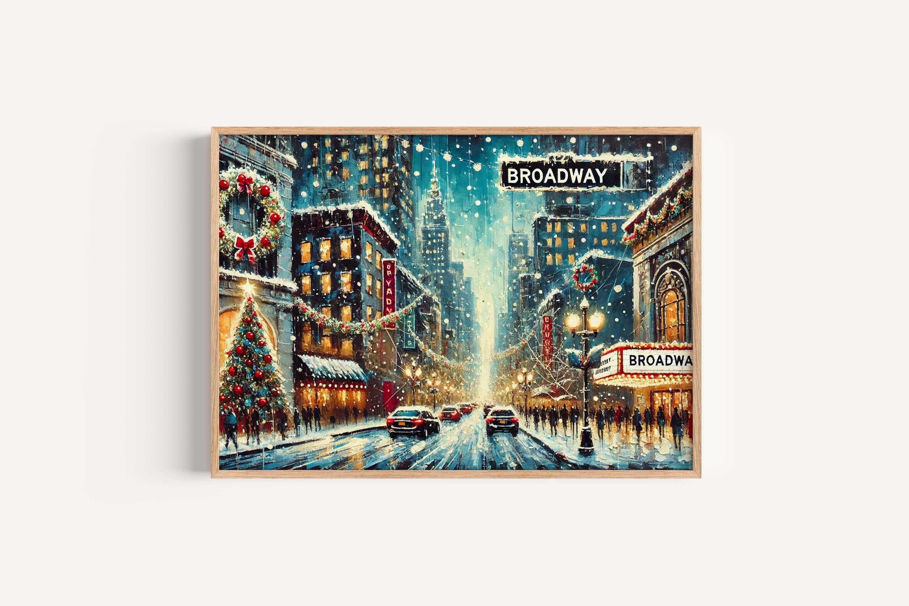 Broadway Christmas Street Scene Art Print – NYC Holiday Decor, Snowy Winter Wall Art