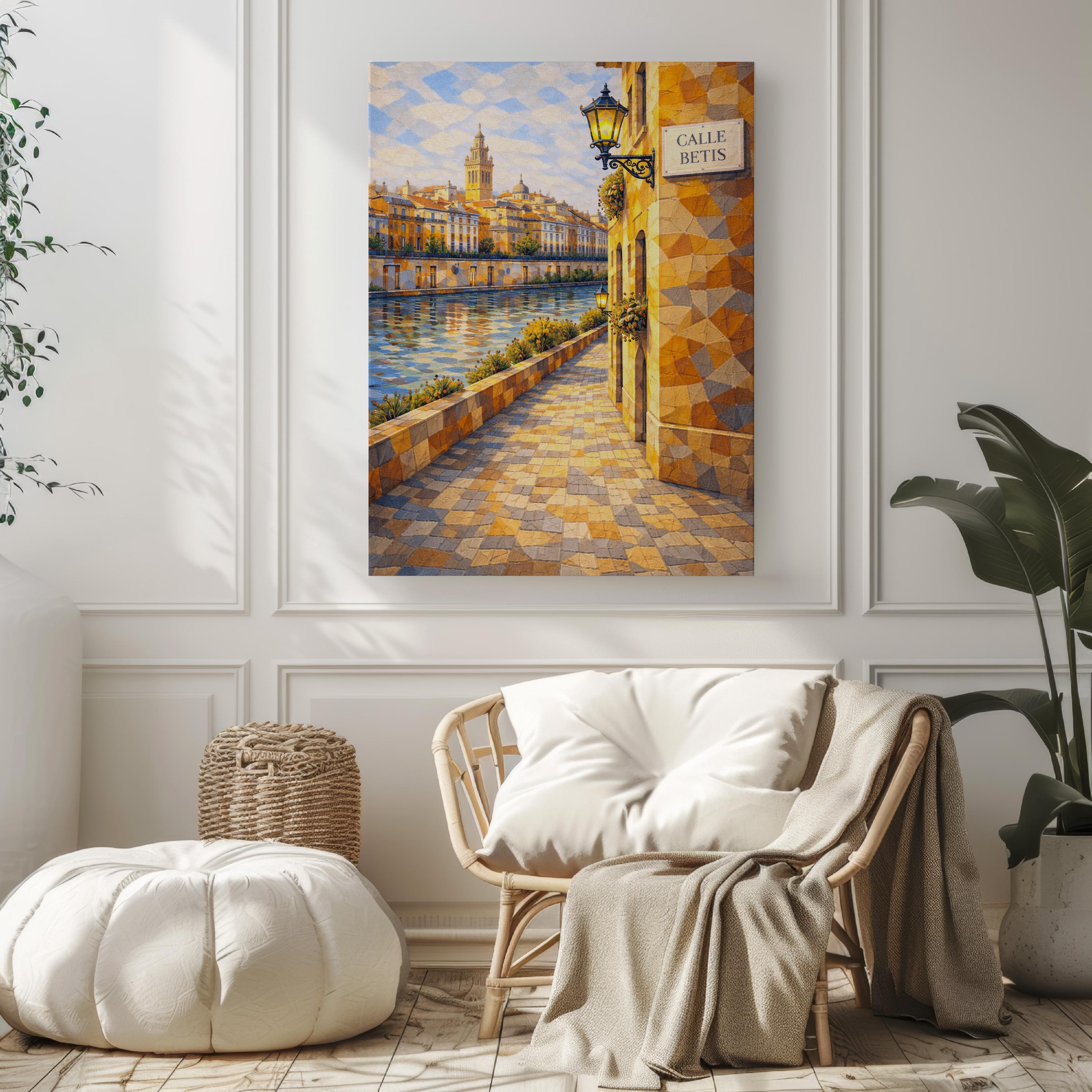Calle Betis Oil Painting Art Print: Seville Riverside Flamenco District Travel Poster