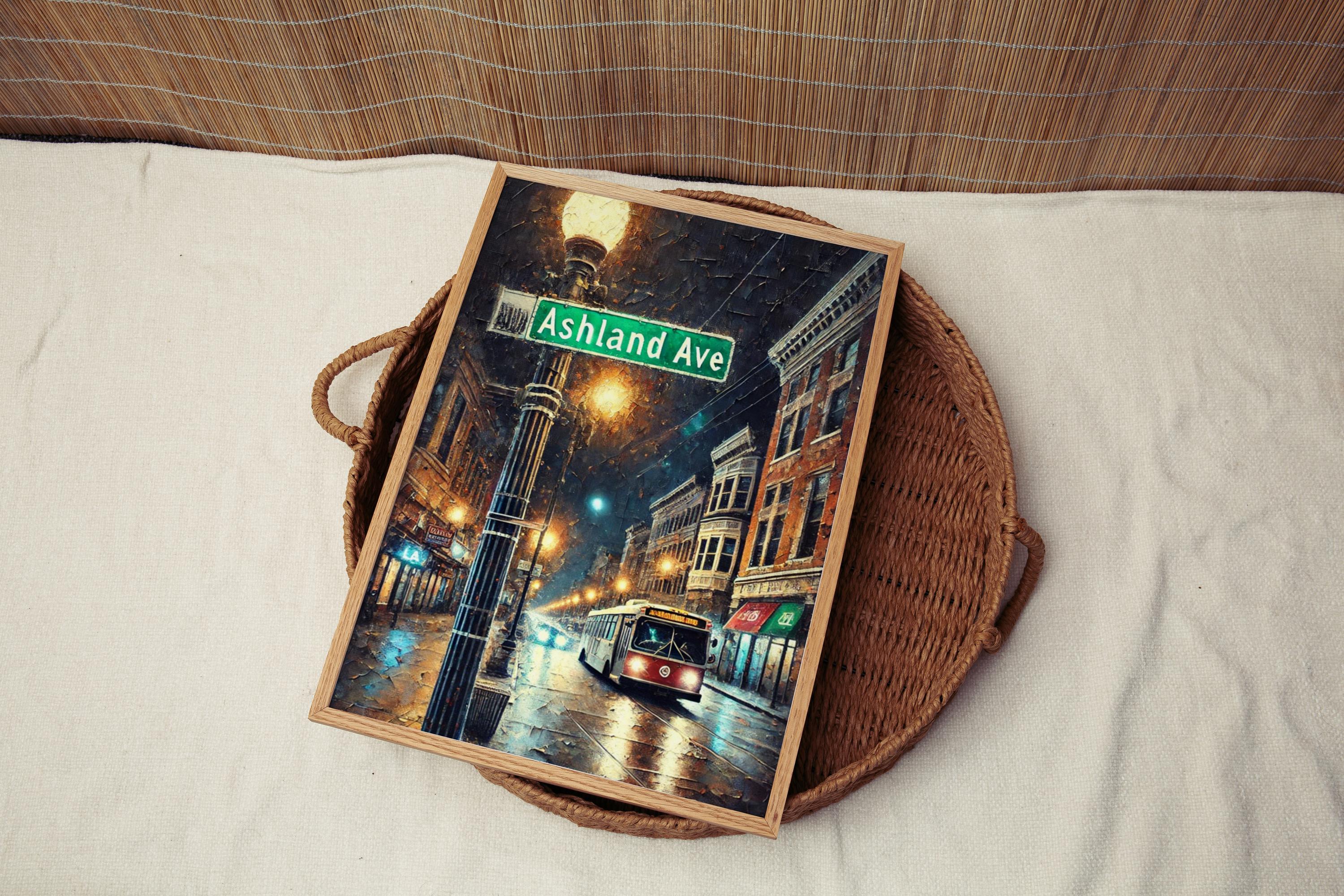 Ashland Ave Oil Painting Art Print: Chicago Street Sign Travel Poster