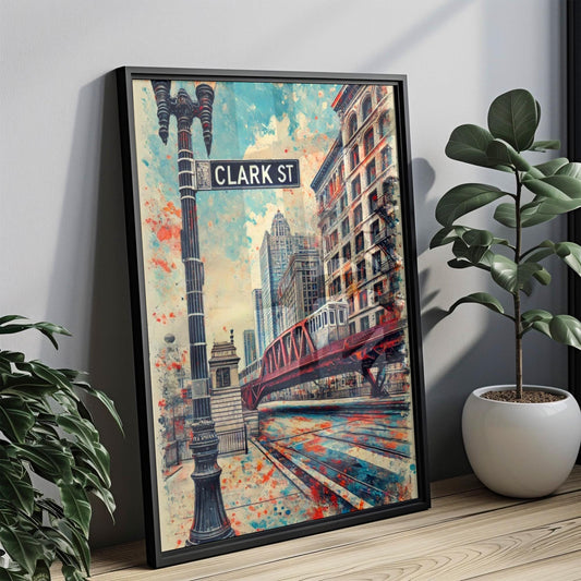 Chicago Clark Street Wall Art, Travel Print & Poster, Illinois Home Decor, Chicago Gift, Housewarming Artwork, Modern Cityscape Illustration