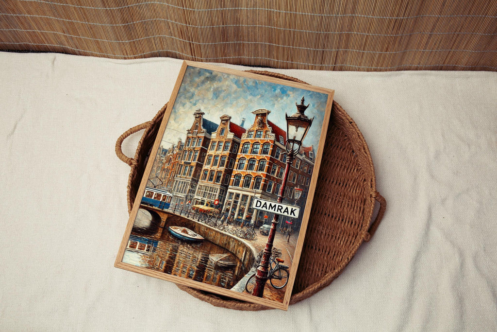 Damrak Oil Painting Art Print: Amsterdam Netherlands Street Sign Travel Poster