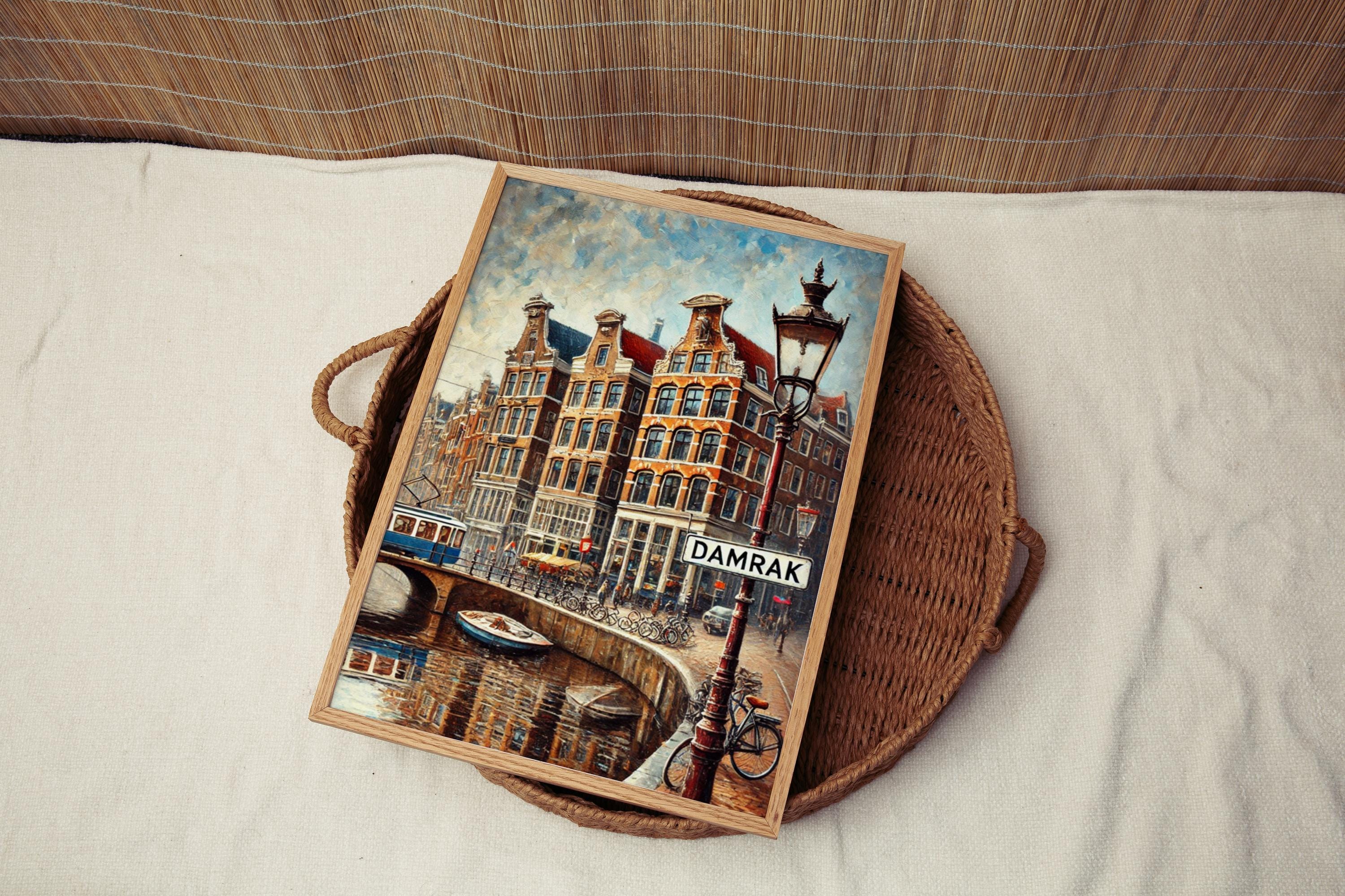 Damrak Oil Painting Art Print: Amsterdam Netherlands Street Sign Travel Poster