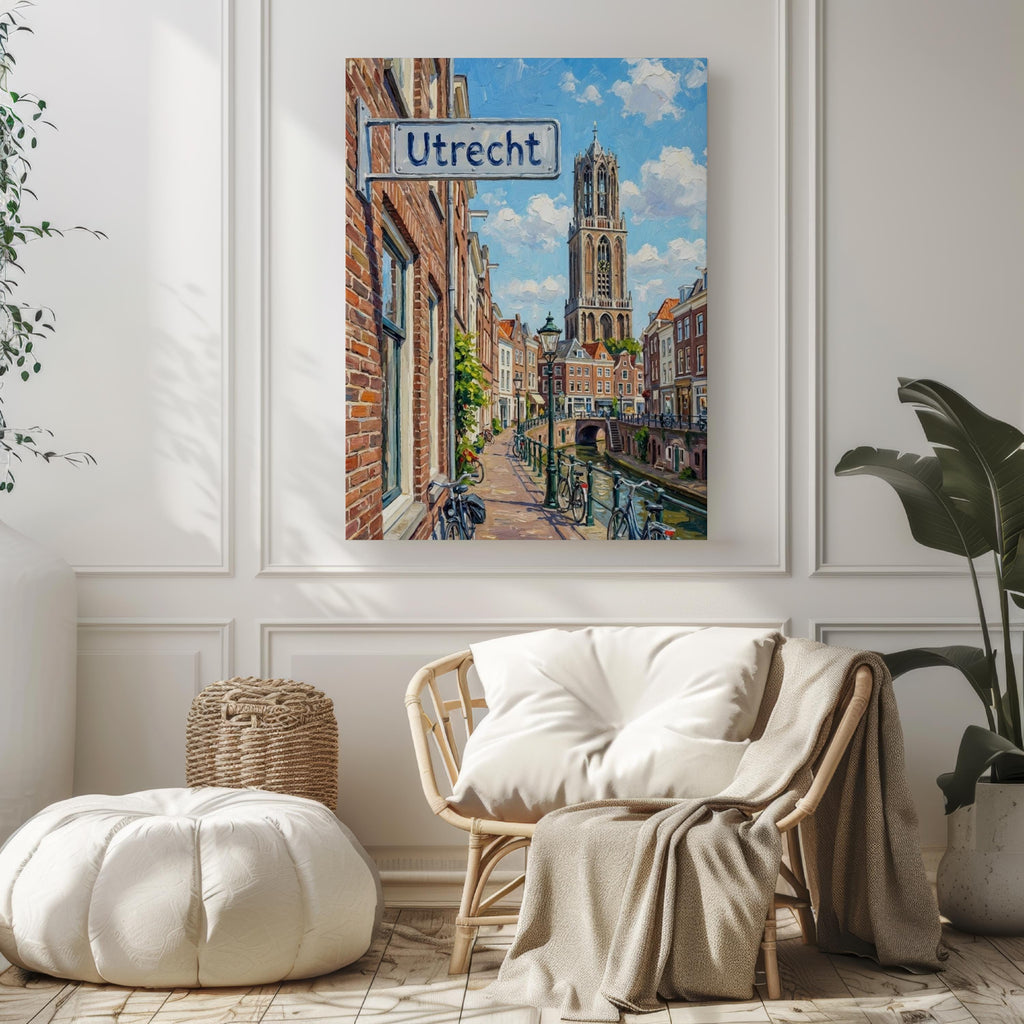 Utrecht Oil Painting Art Print: Netherlands Canal Street Sign Travel Poster