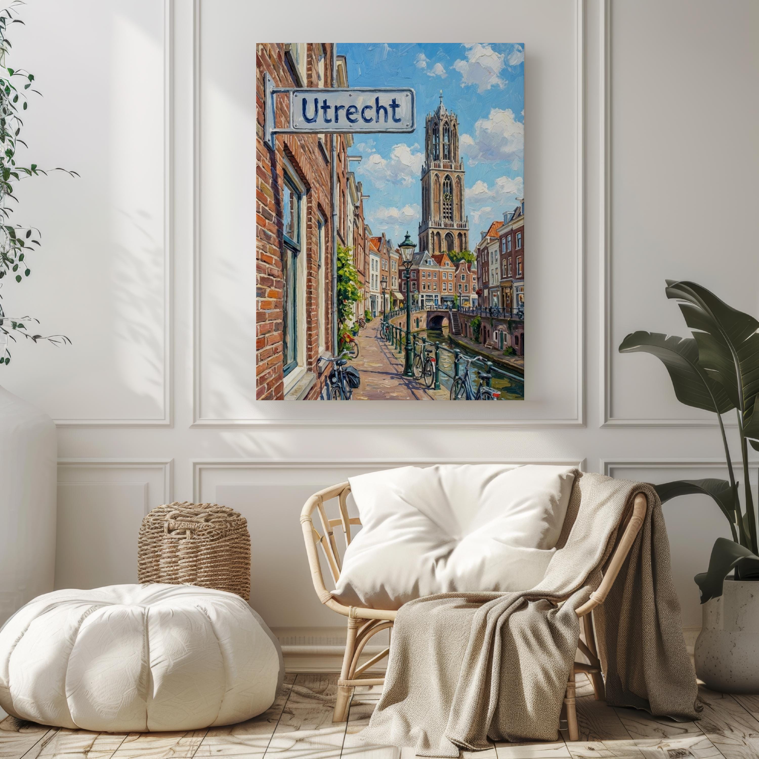 Utrecht Oil Painting Art Print: Netherlands Canal Street Sign Travel Poster