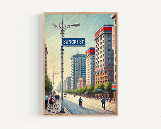 North Korea wall art, Sungri Street Pyongyang print, North Korea travel poster, cityscape wall decor, souvenir gift, housewarming gift