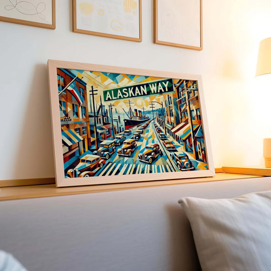 Alaskan Way Wall Art - Seattle Cubism Print, Travel Poster & Souvenir, Unique Housewarming Gift, Modern Alaskan Way Decor